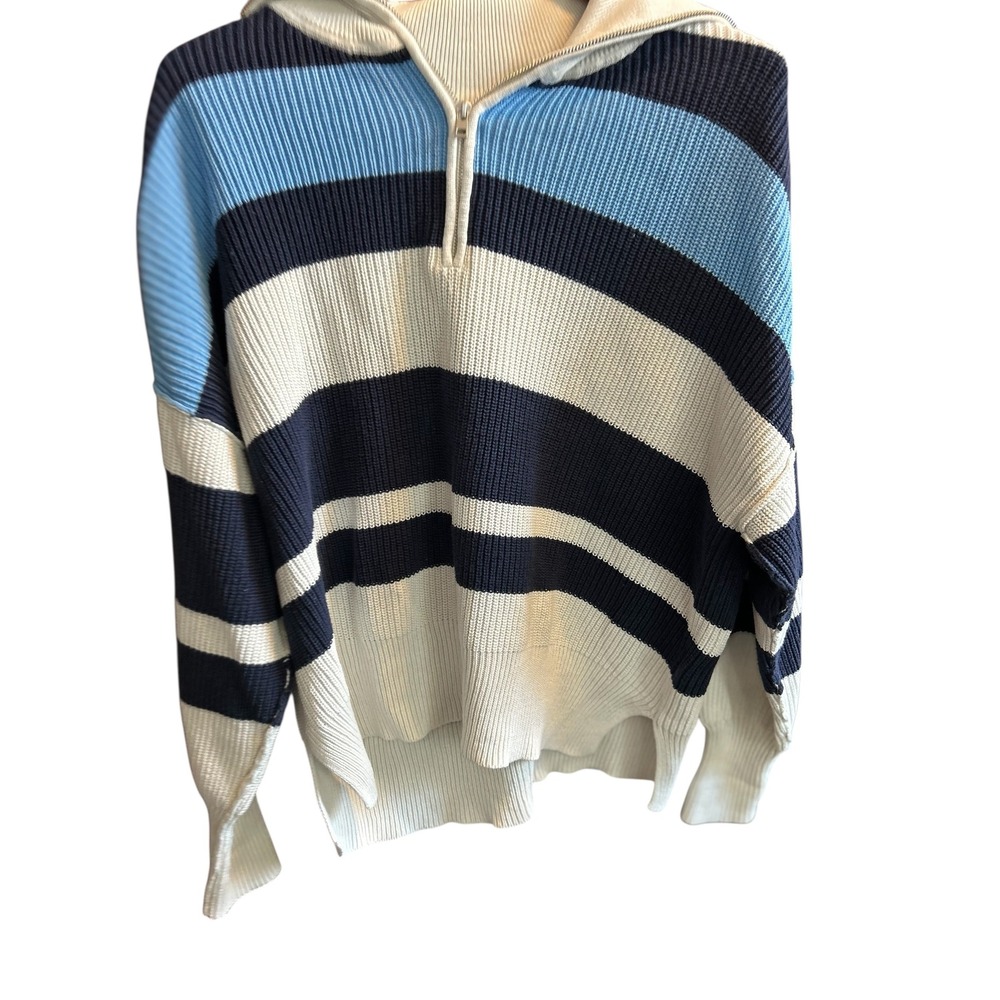 Aerie Oversized Striped Quarter Zip Hoodie Sweater Light Blue Navy White XS